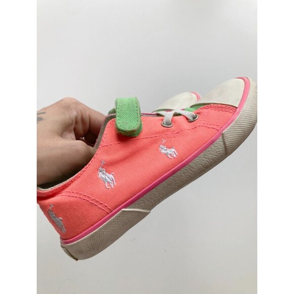 Kids' POLO RALPH LAUREN Neon Pink Orange Embroidered Logo Sneakers, Size 25.5/9 - Picture 2 of 11